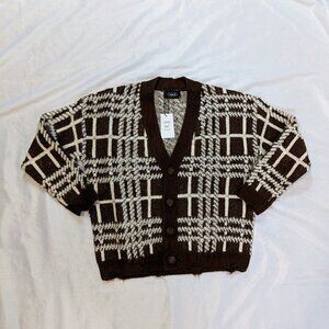 Cider 90s Brown/Ivory Chunky Cardigan Button Down V-Neck Sweater Womens M